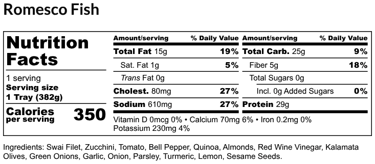 Nutritional Facts - Romesco Fish 6oz